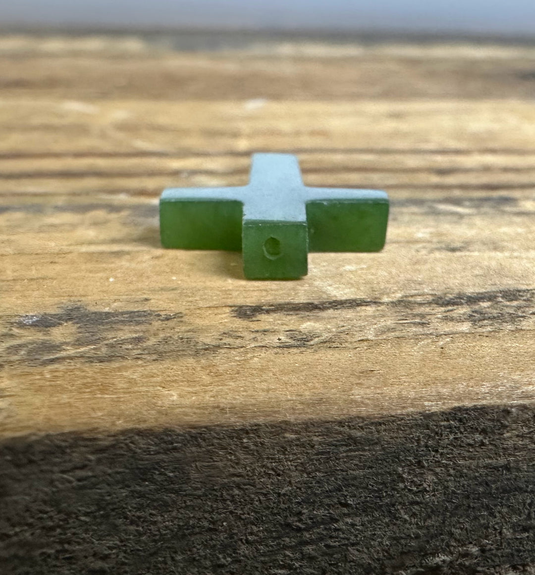 Green jade cross bead drilled for stringing 20mm pendant