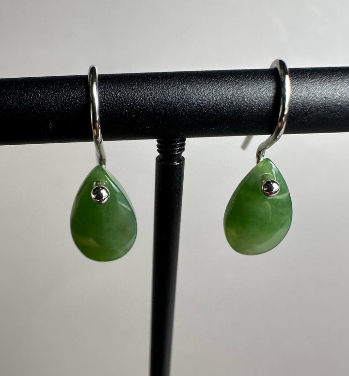 Canadian Jade Earrings featuring teardrop 7x11mm green jade drops on silver hooks