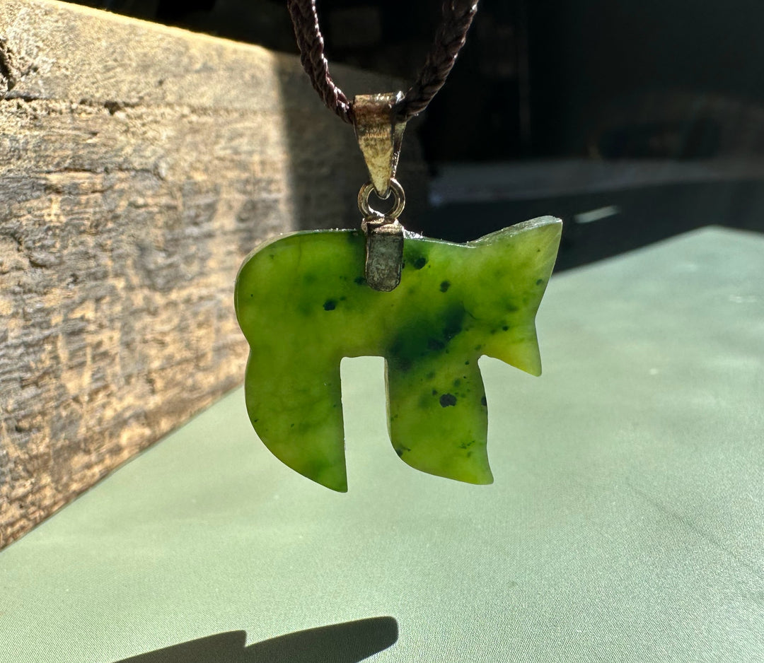 Close-up of 20mm green jade Chai pendant with brass bail on brown cord in sunlight