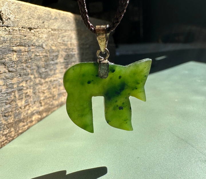 Close-up of 20mm green jade Chai pendant with brass bail on brown cord in sunlight