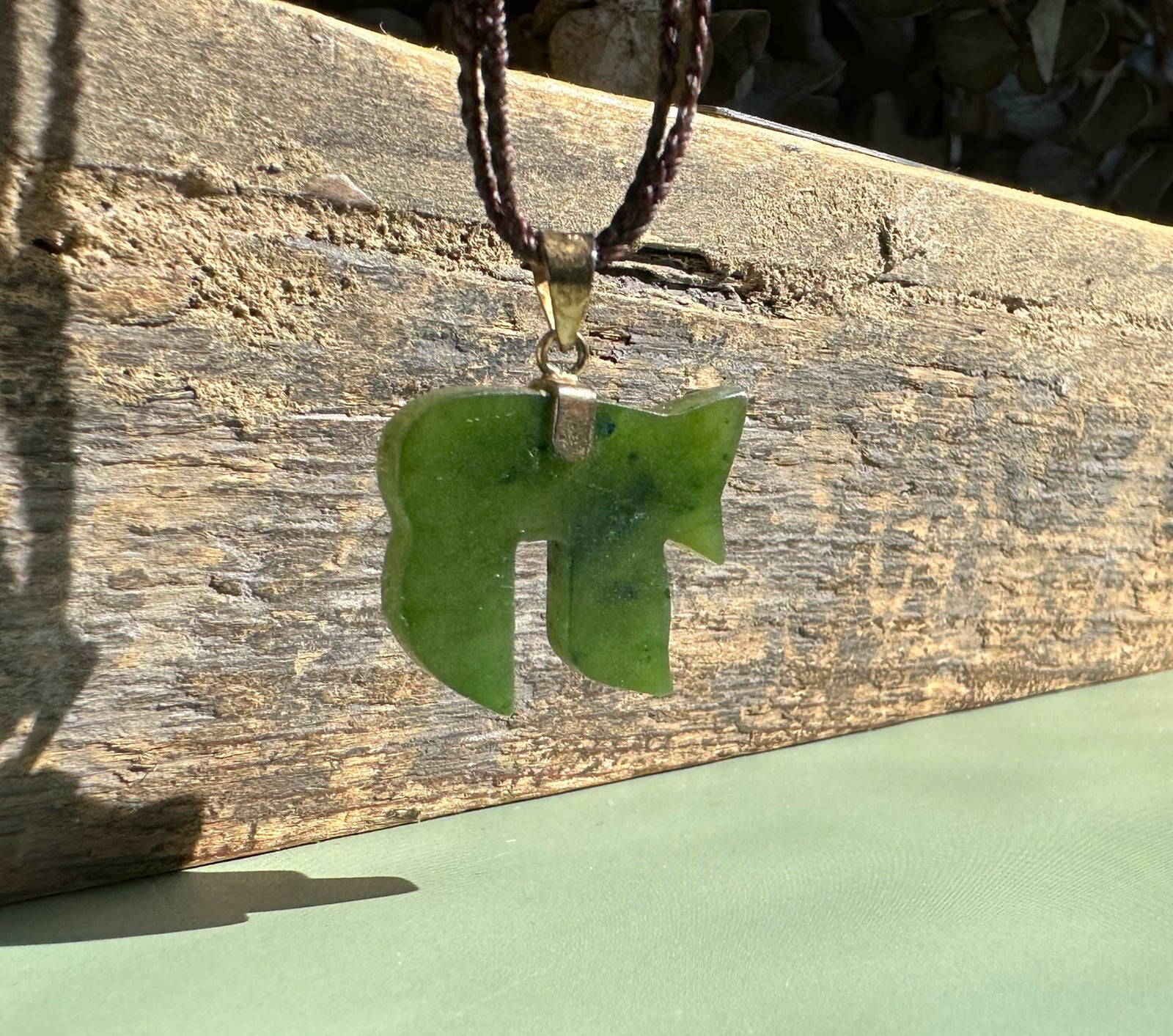 20mm jade Chai pendant in green on brown braided cord against weathered wood