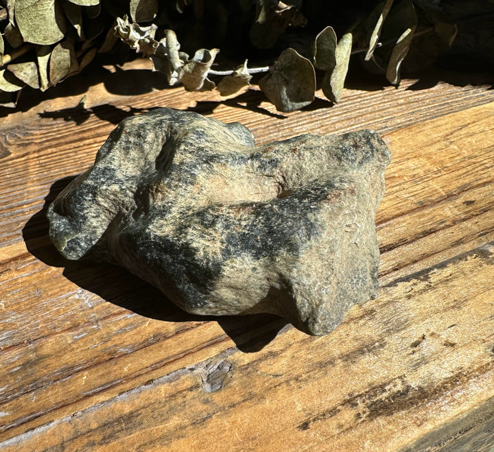 Wyoming Olive Jade Slick rock specimen on weathered wooden table