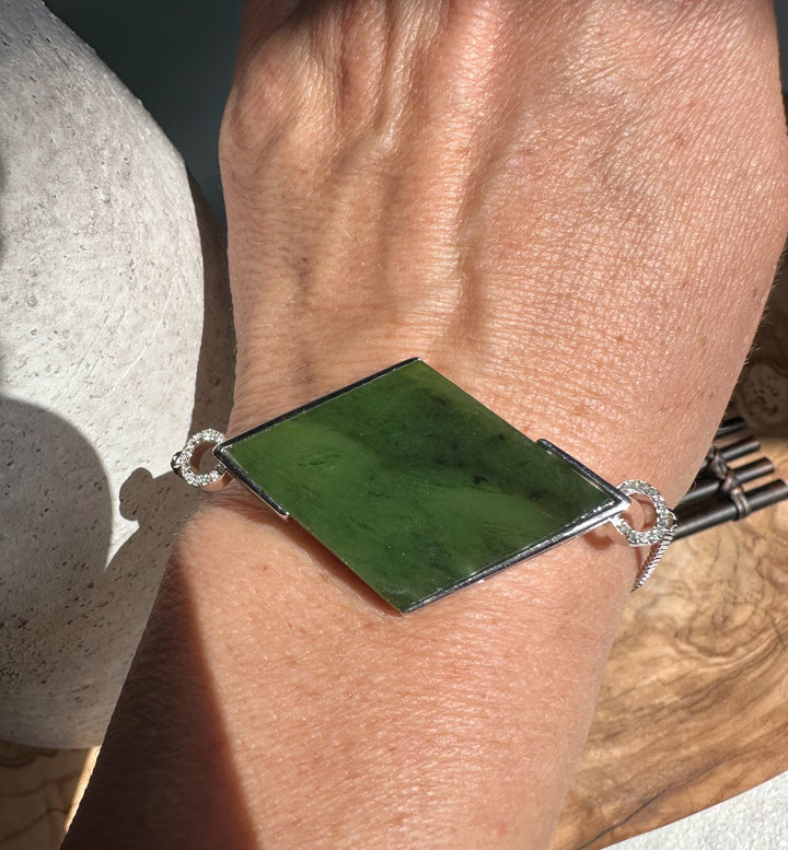 Wrist wearing the sterling silver bracelet with a green rectangular Canadian Jade centerpiece