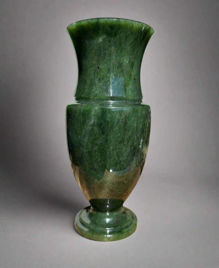Tall Siberian jade vase with a flared rim and a gradient of green tones