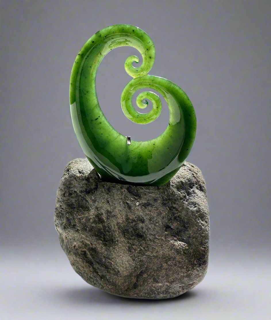 Bright green jade koru sculpture featuring a spiral shape perched on a textured rock pedestal