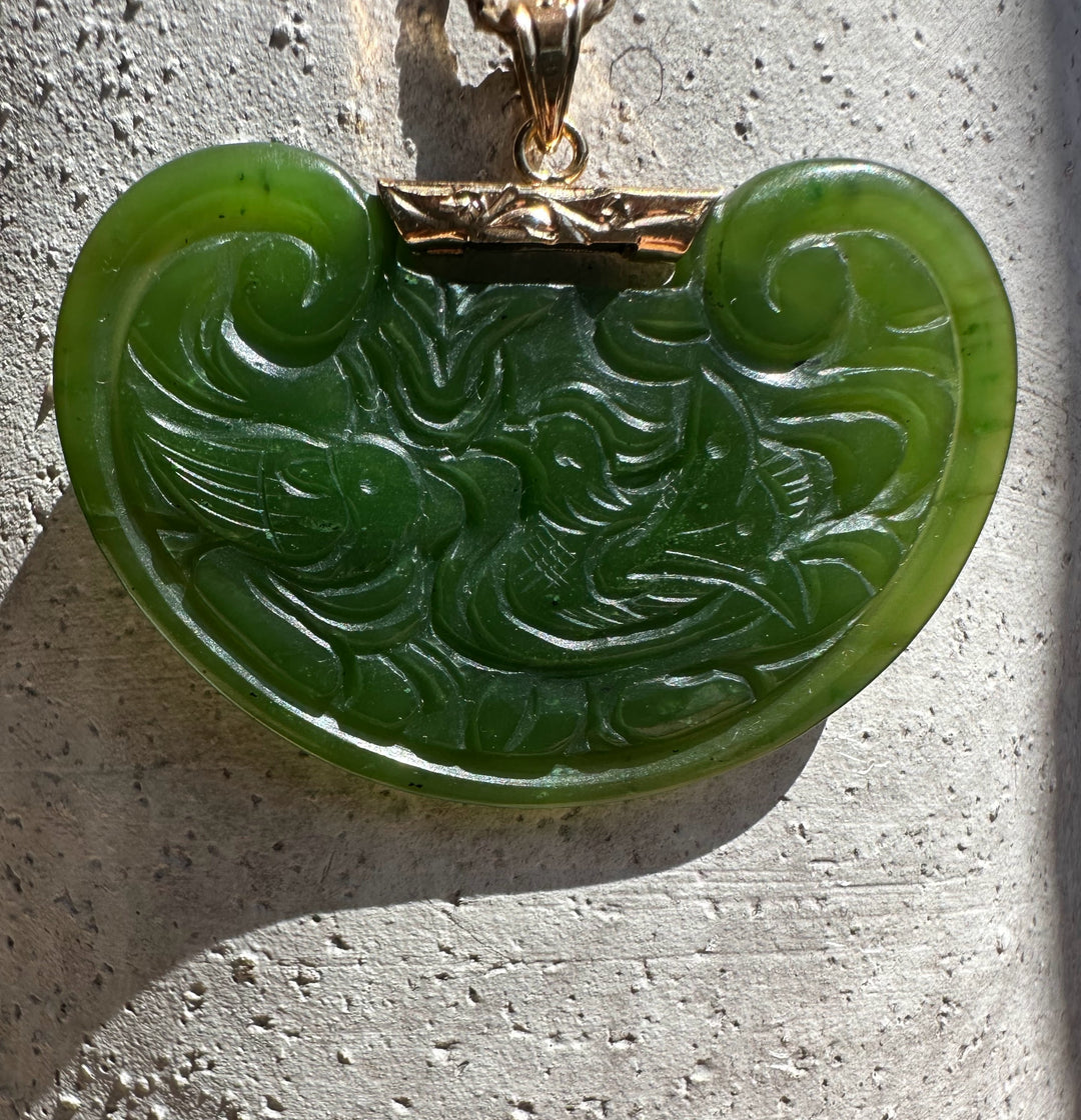 Vintage green jade birds pendant with carved design and gold bail