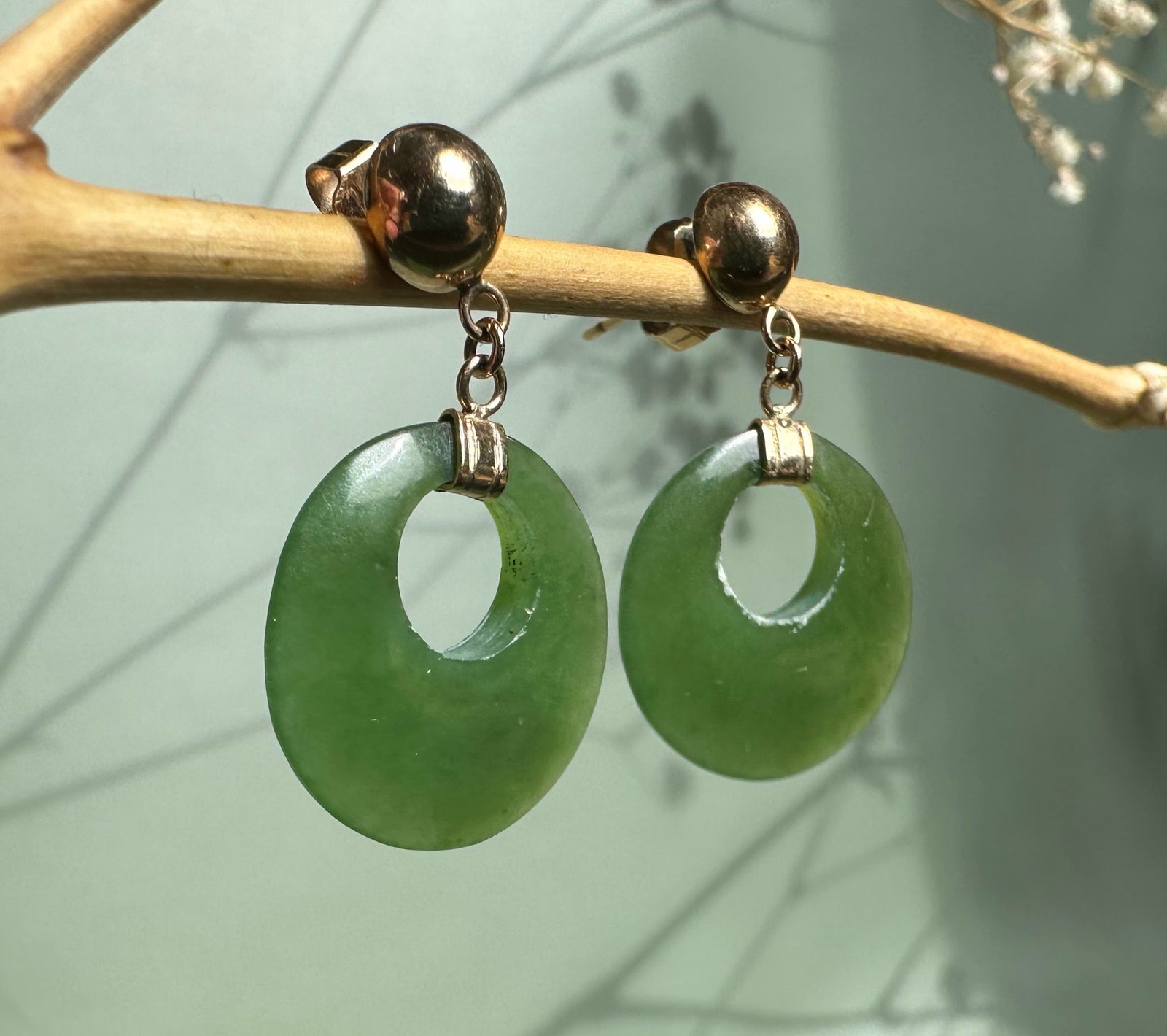 Vintage green jade donut drop earrings with gold settings and posts