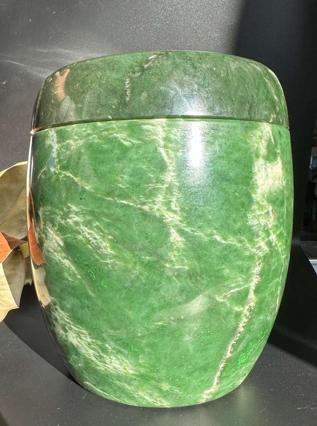 One of a kind polished green jade burial urn with a matching lid