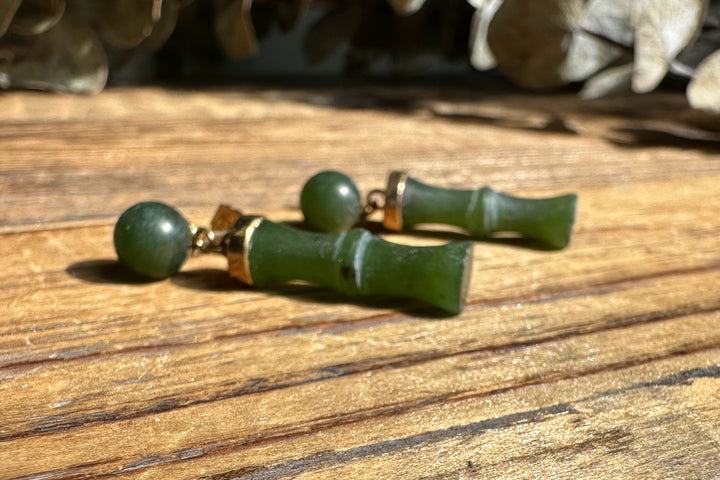 Vintage jade bamboo earrings with green bamboo segments and round bead accents