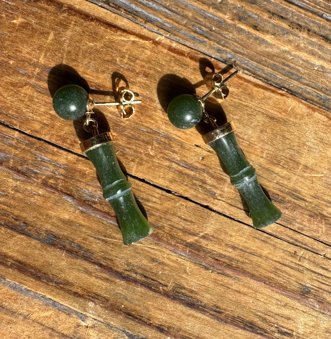 Vintage jade bead earrings with bamboo shaped green pendants on gold findings