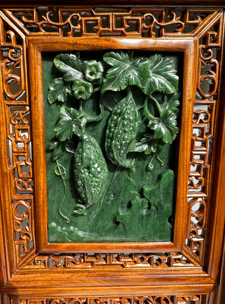 Jade Chinese Cabbage Screen panel featuring two carved gourds and leafy vines in an ornate carved wood frame.