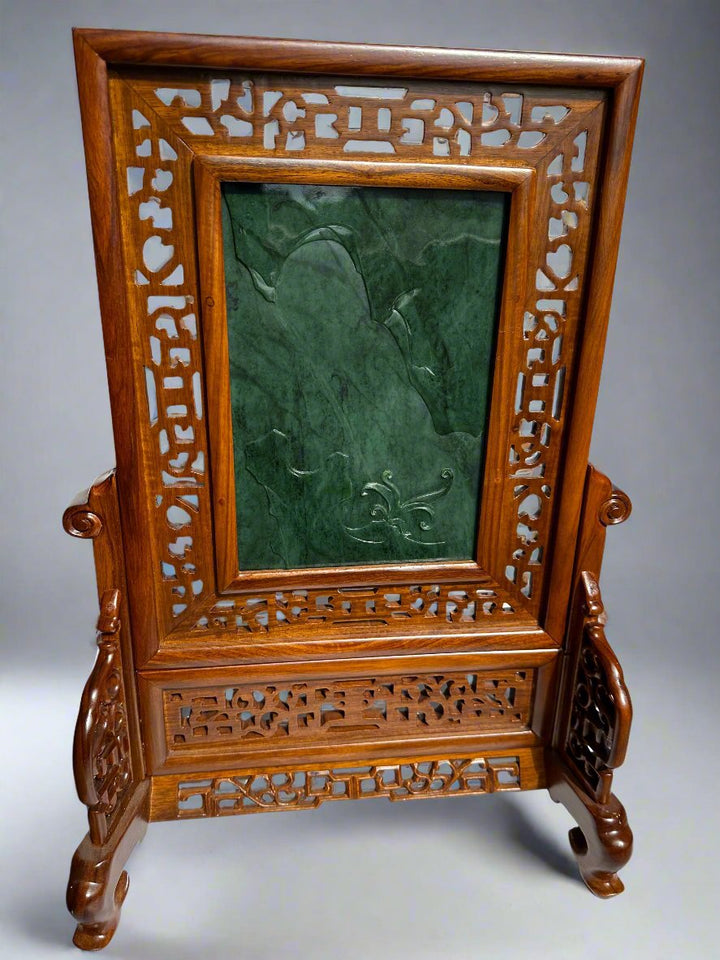 Jade Chinese Cabbage Screen on a tall carved wood frame with decorative openwork and a sturdy stand.