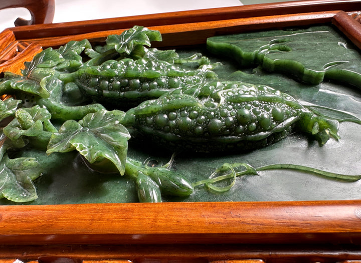 Hand carved jade Chinese cabbage screen in a wooden display frame