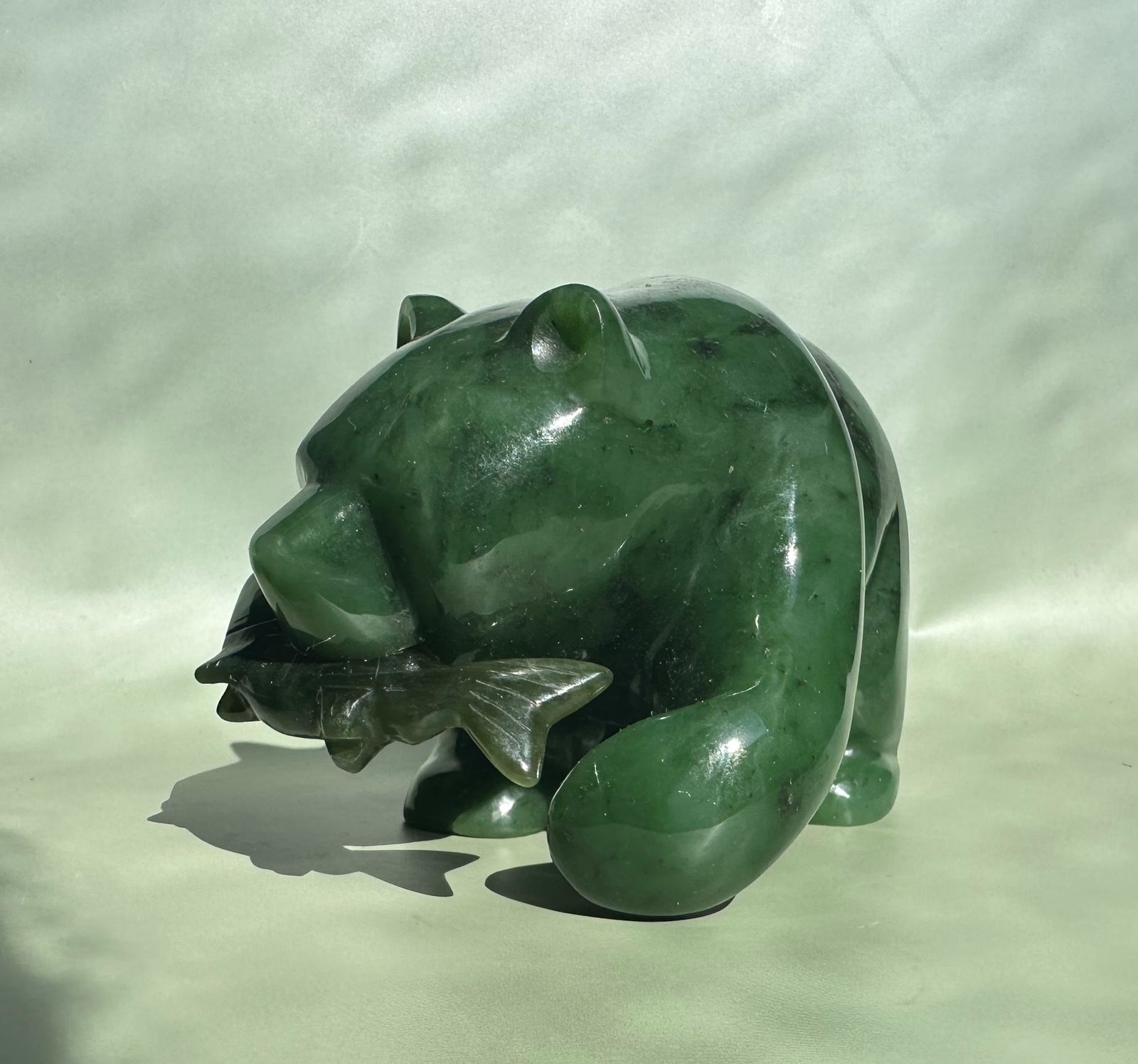 Canadian Jade Bear figurine, 5 inches, carved from deep green jade with a polished surface.