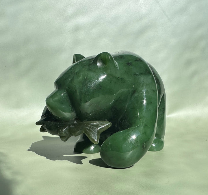 Canadian Jade Bear figurine, 5 inches, carved from deep green jade with a polished surface.