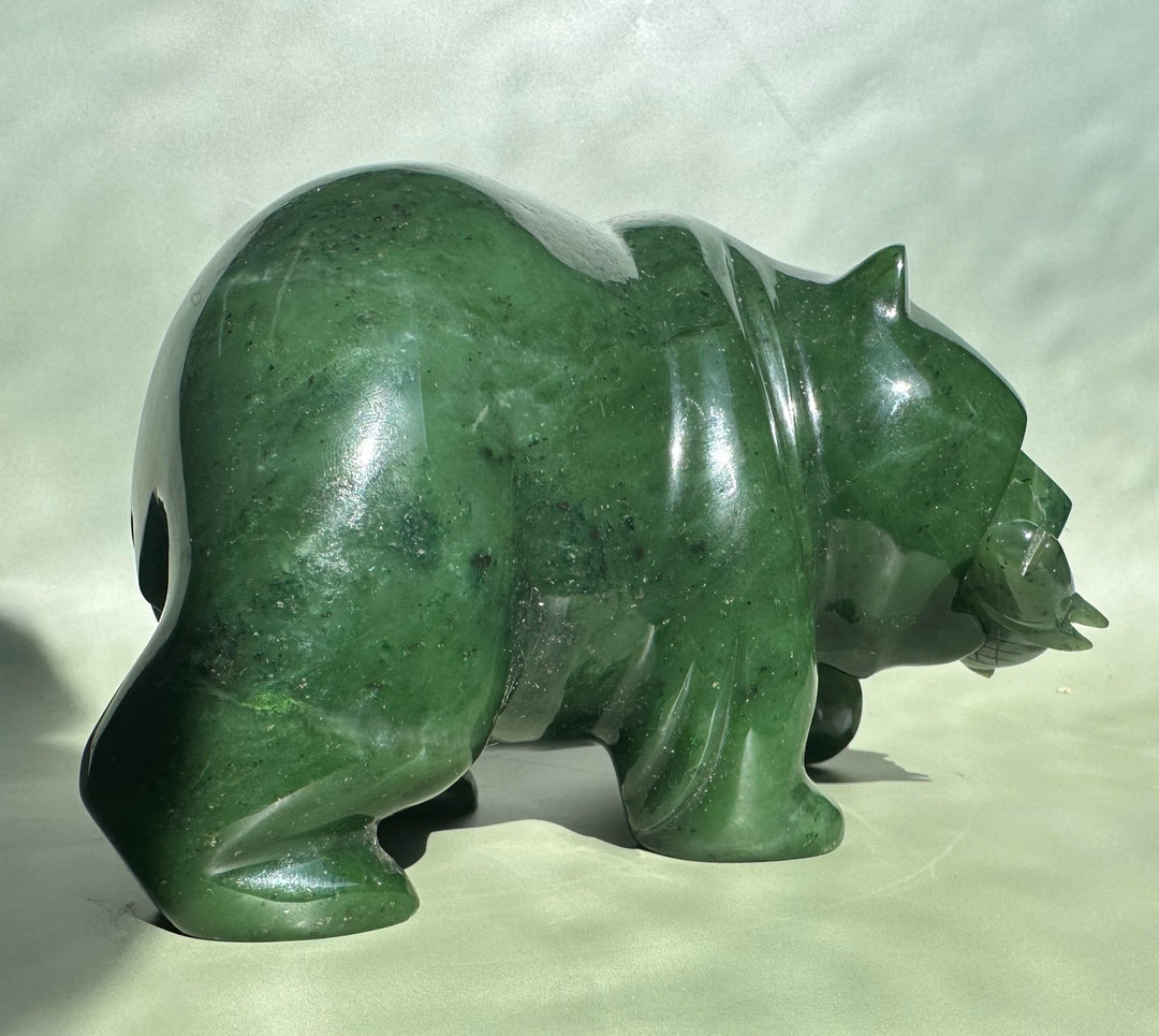 Canadian Jade Bear sculpture in deep green jade, 6 inches, polished and standing on four legs.