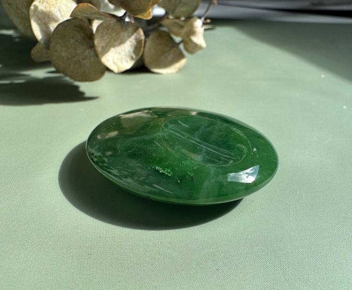 Canadian jade worry stone polished oval on a green surface
