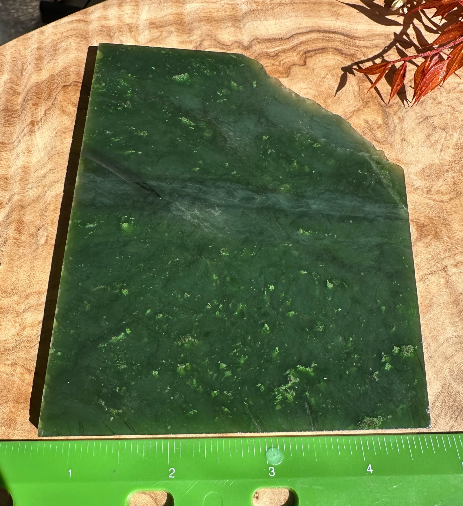 A Grade Canadian Jade Slab on a wooden table with a green ruler at the bottom
