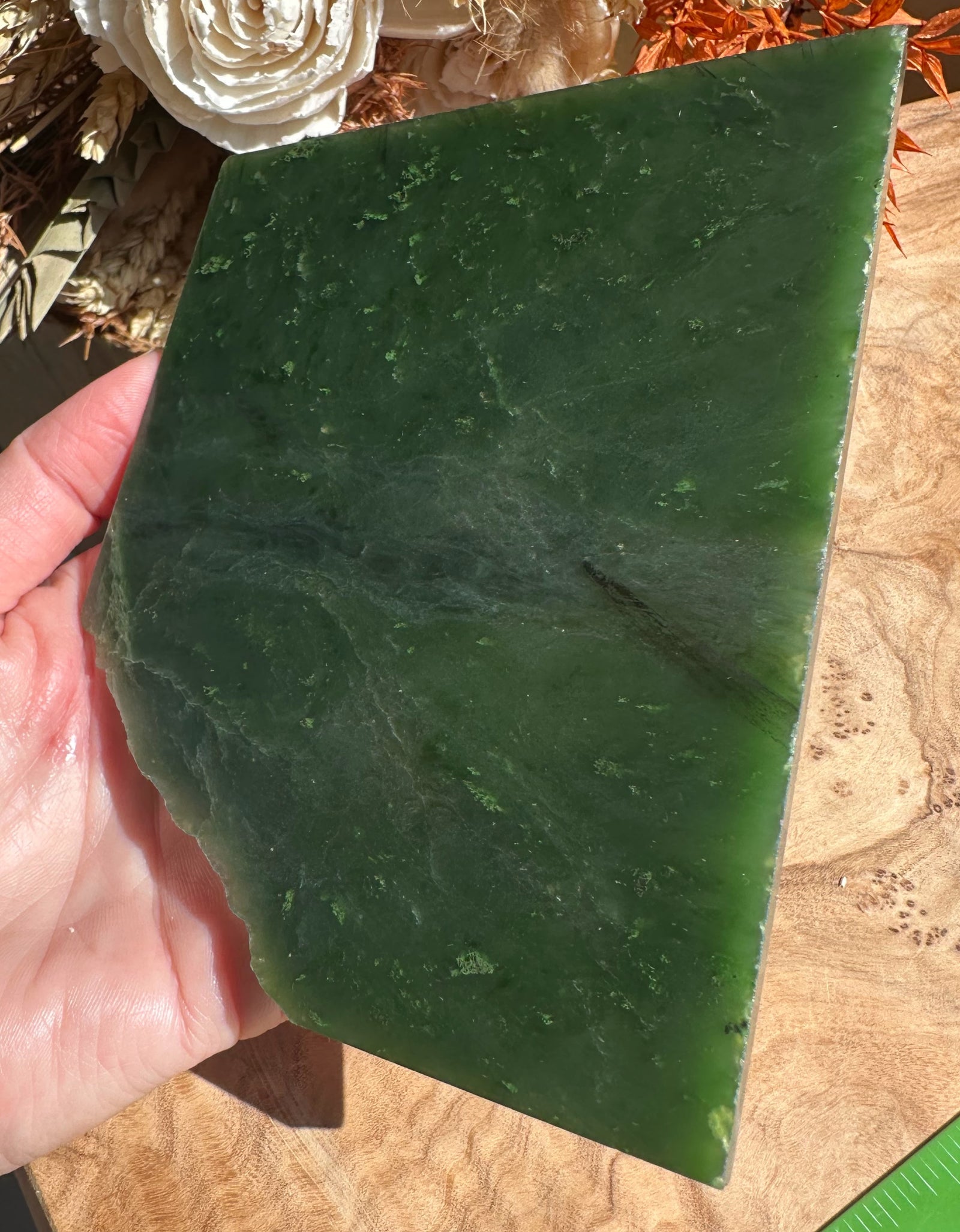 A Grade Canadian Jade Slab held in hand with a deep green surface and natural edge