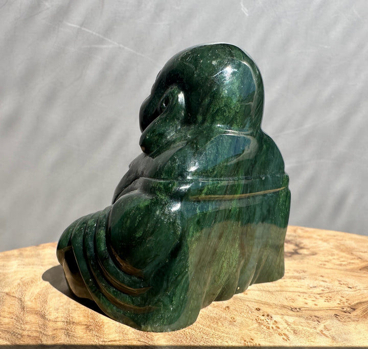 Dark green Happy Jade Buddha statue, glossy finish, 2.5 inches