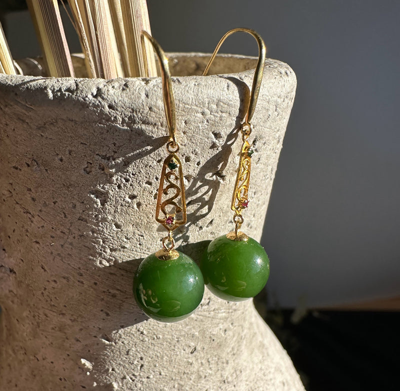 Canadian Jade Drop Earrings, Set on 18k hooks
