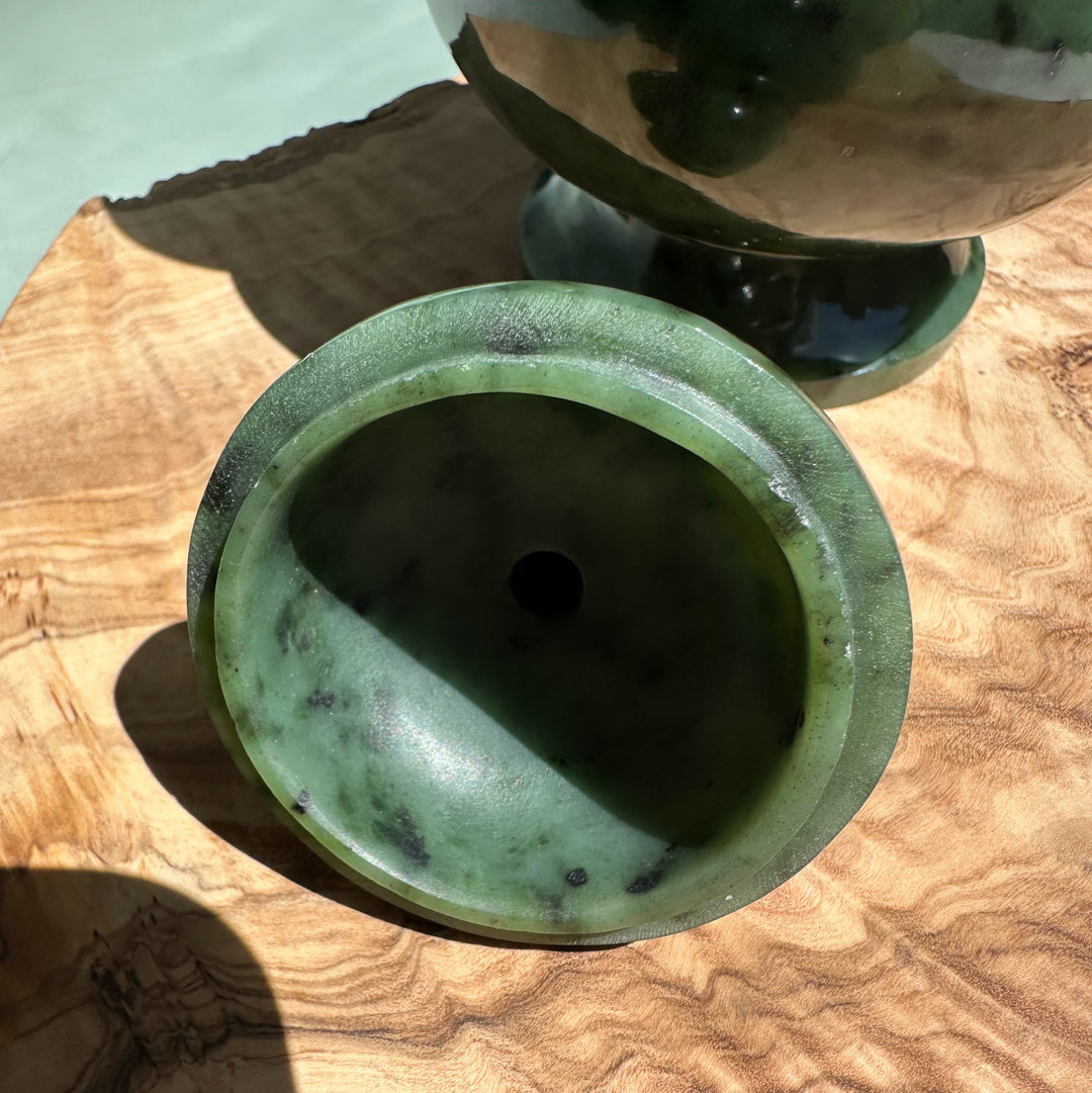 Canadian River Jade Vase viewed from above showing its wide mouth and jade green interior.