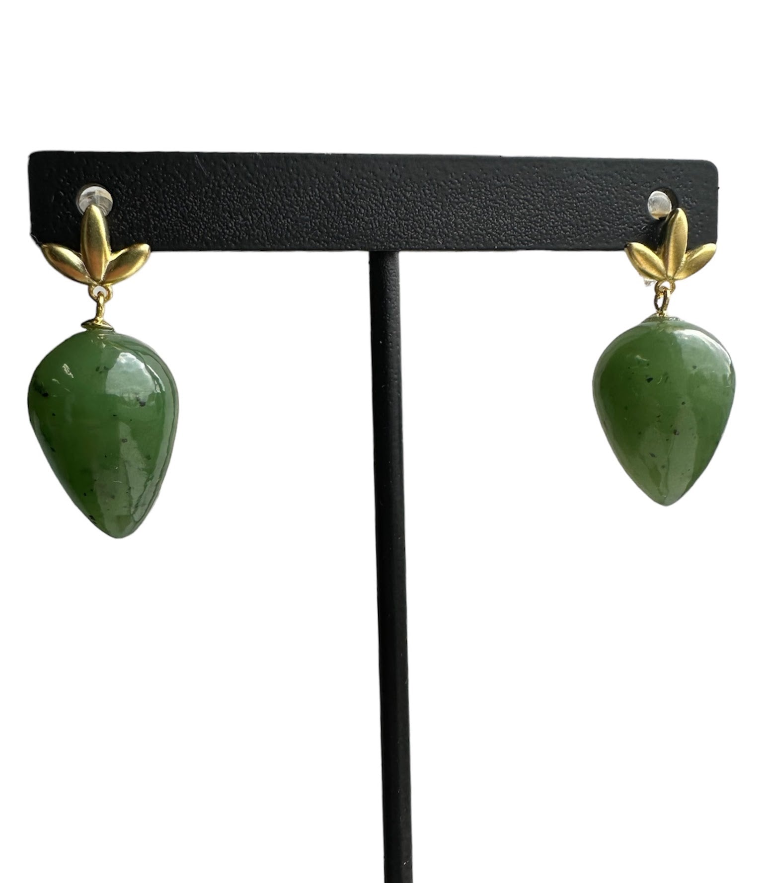 Green jade teardrop earrings with gold leaf caps on posts
