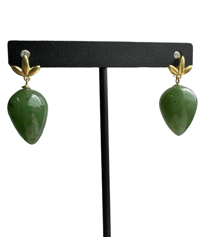 Green jade teardrop earrings with gold leaf caps on posts
