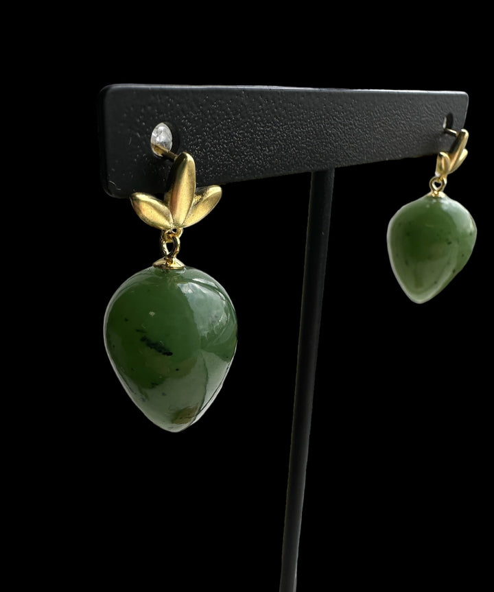 Canadian Jade Earrings JN1 pair featuring gold leaf tops and green jade teardrop drops on display