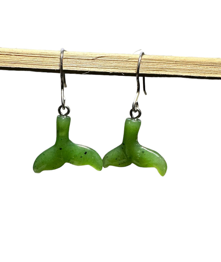 Jade Whale Tail Earrings 18mm in bright green with silver hooks
