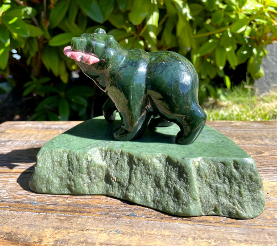 4" Jade Bear with Rhodonite Fish on Large Jade Base