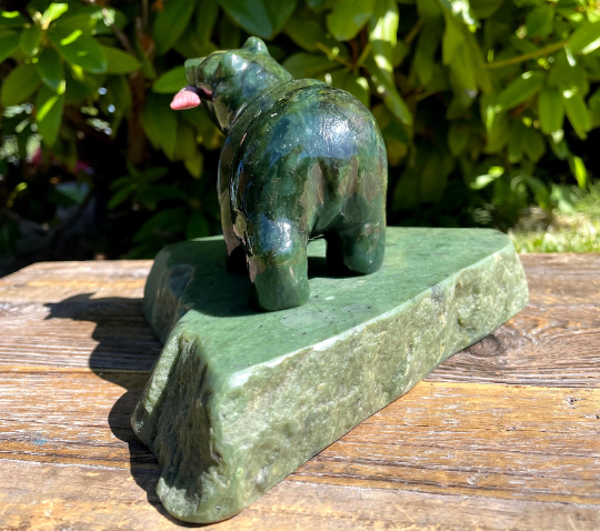 4" Jade Bear with Rhodonite Fish on Large Jade Base