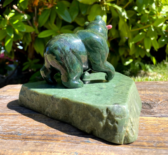 4" Jade Bear with Rhodonite Fish on Large Jade Base