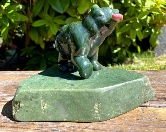 4" Jade Bear with Rhodonite Fish on Large Jade Base