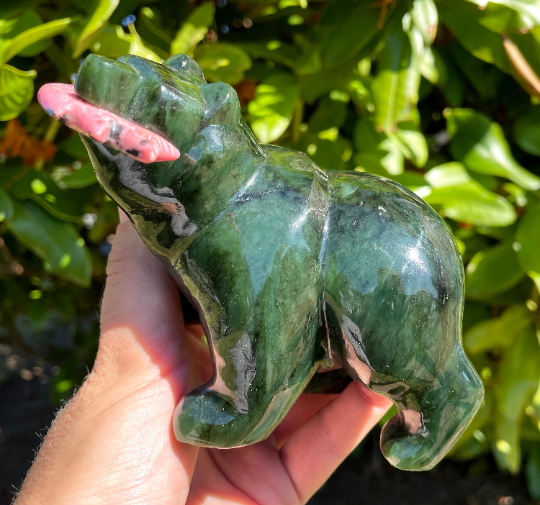 4" Jade Bear with Rhodonite Fish on Large Jade Base