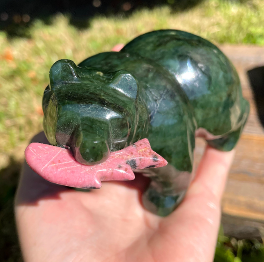 4" Jade Bear with Rhodonite Fish on Large Jade Base