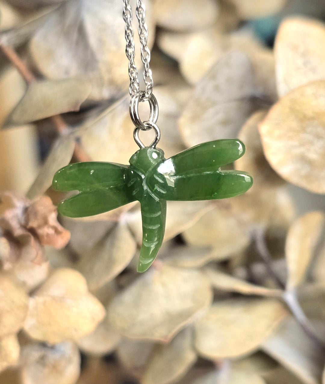 Close up of green jade dragonfly pendant on silver chain against a rocky background