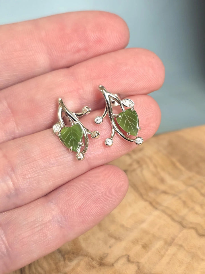 Canadian Jade Leaf and Silver Earrings with green leaf charms and curling silver vines