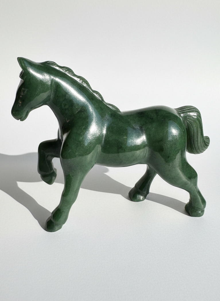Canadian nephrite jade horse sculpture in deep green with a flowing mane and strong stance