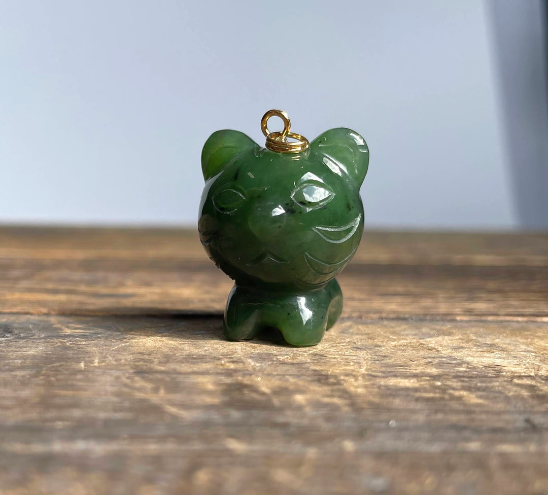 Cartoon Jade Tiger Charm 1 inch with a gold loop on top