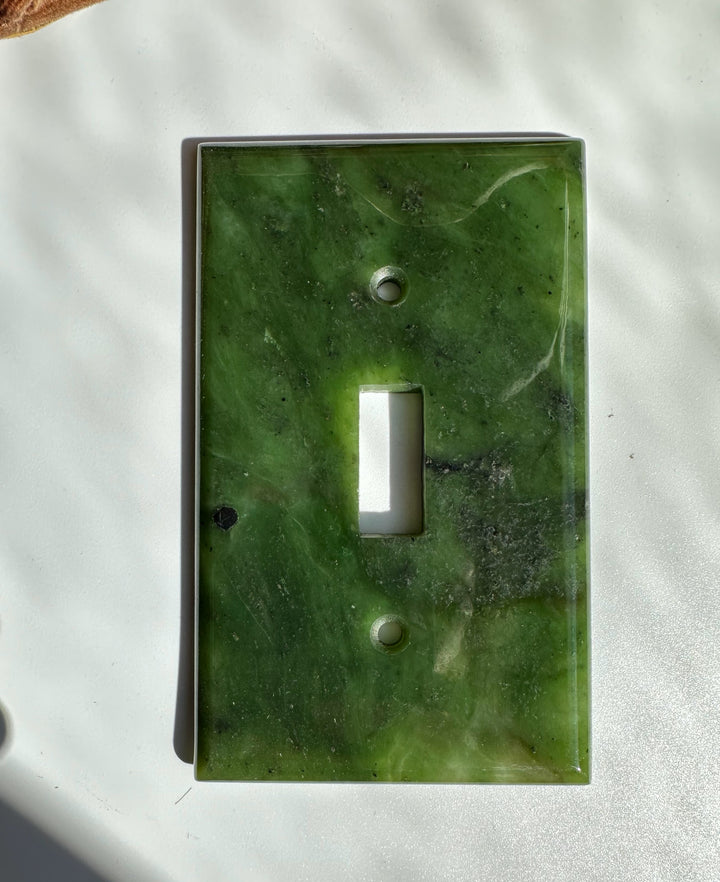 Green marble traditional light switch plate with a vertical rectangular opening for a switch.