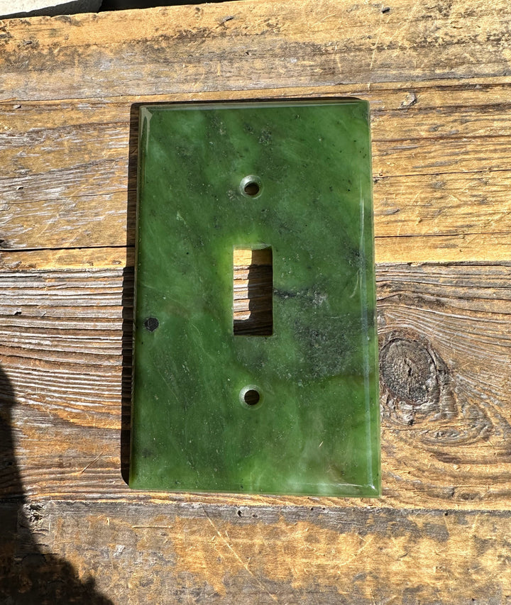 Green marble patterned traditional light switch plate with central rectangular opening and two screw holes on a wooden surface.
