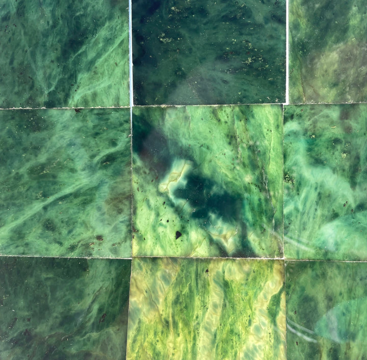 Nine dark green Canadian Jade tiles arranged in a 3 by 3 grid with rich marbling.