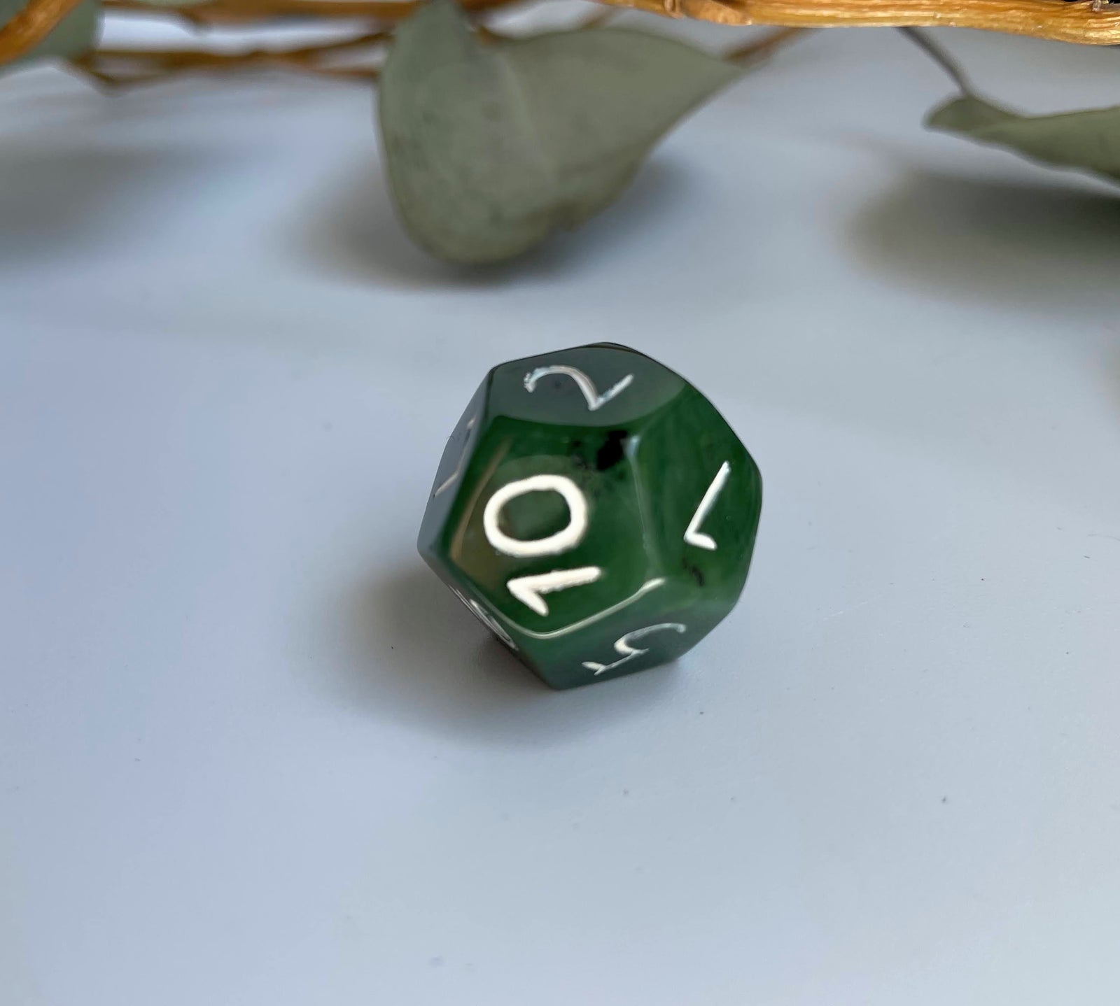 Green jade D12 die on a light surface with thin branches in the background