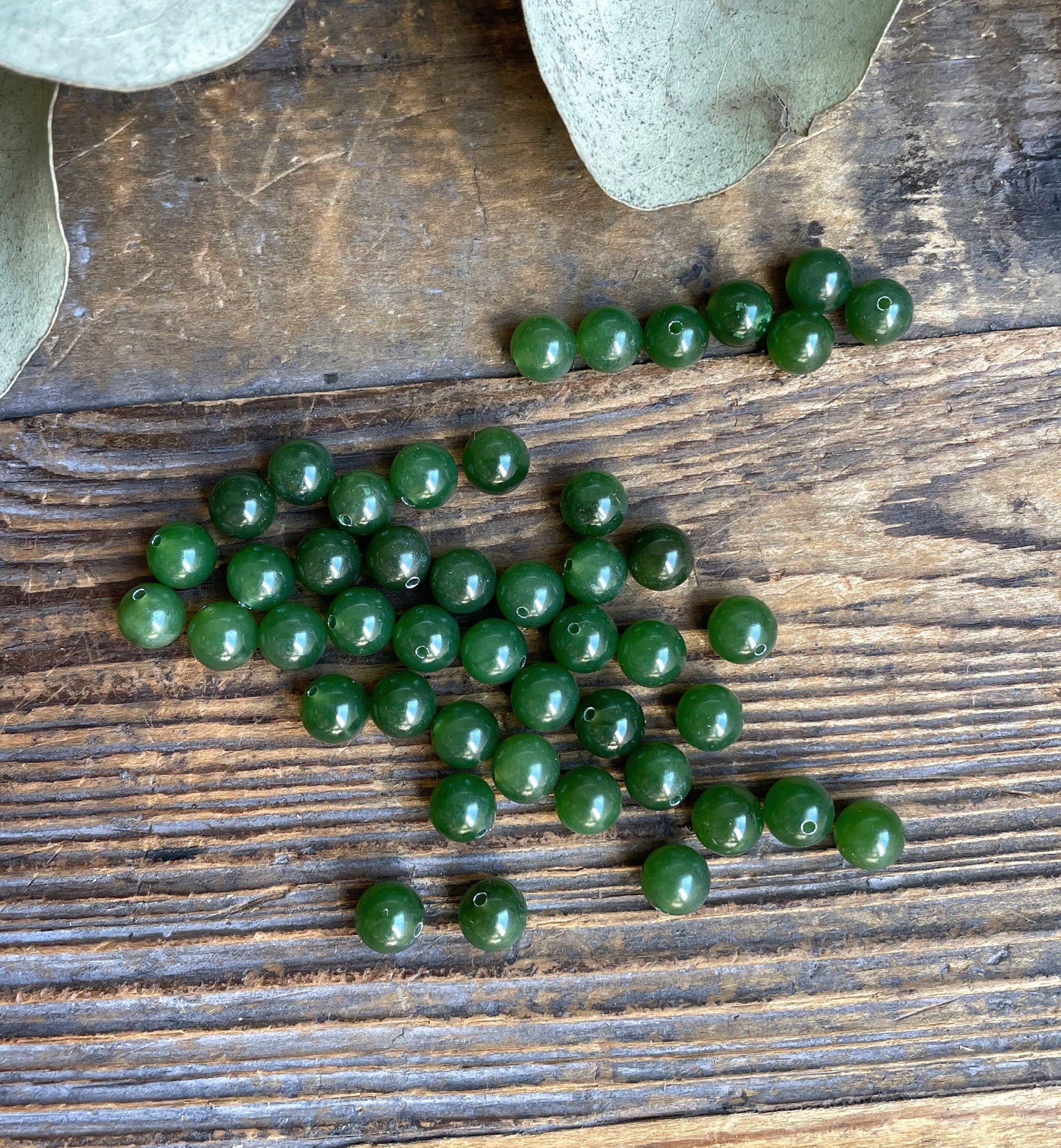 Handful of green Canadian Jade 6mm half drilled beads with eucalyptus leaves in the background