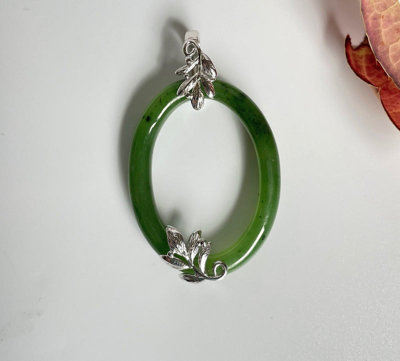 Jade Sterling Silver Oval Pendant, 35mm