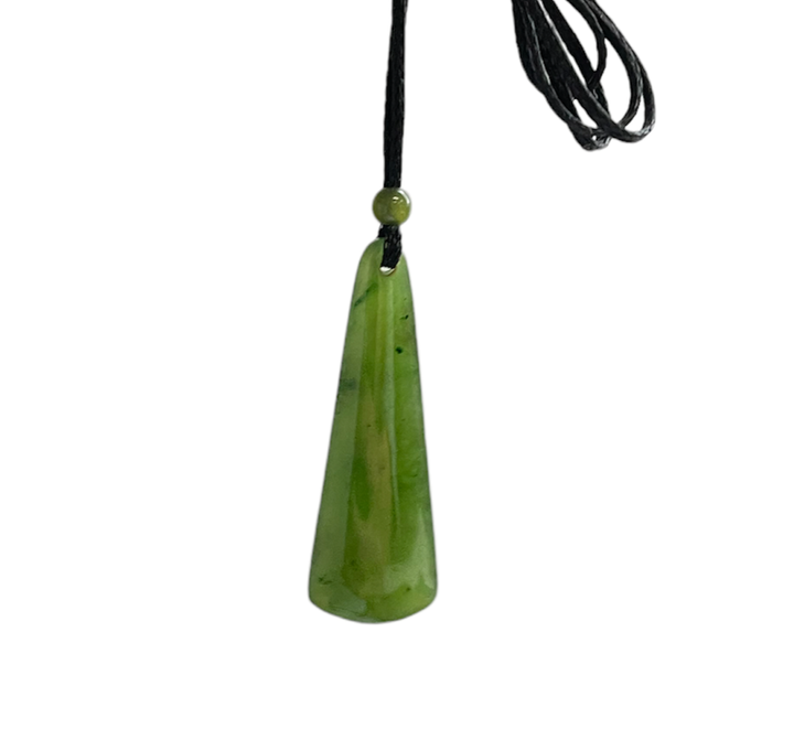 Single elongated green jade teardrop pendant on a black cord with a small bead at the top