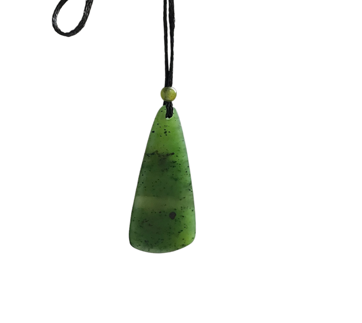 Single green jade teardrop pendant on a black cord with a small green bead above, shown on white background