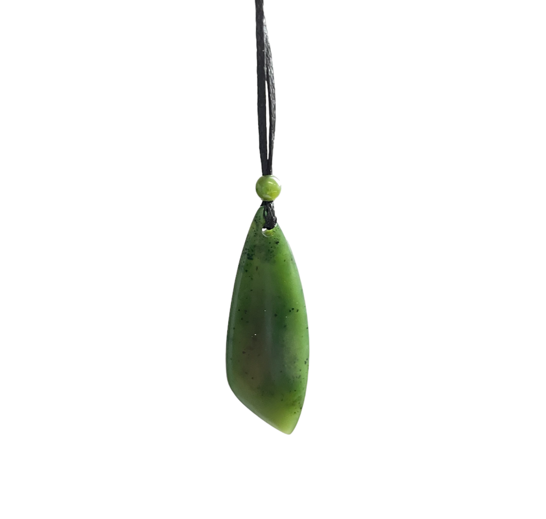 Green teardrop pendant on a black cord with a small round bead above it.