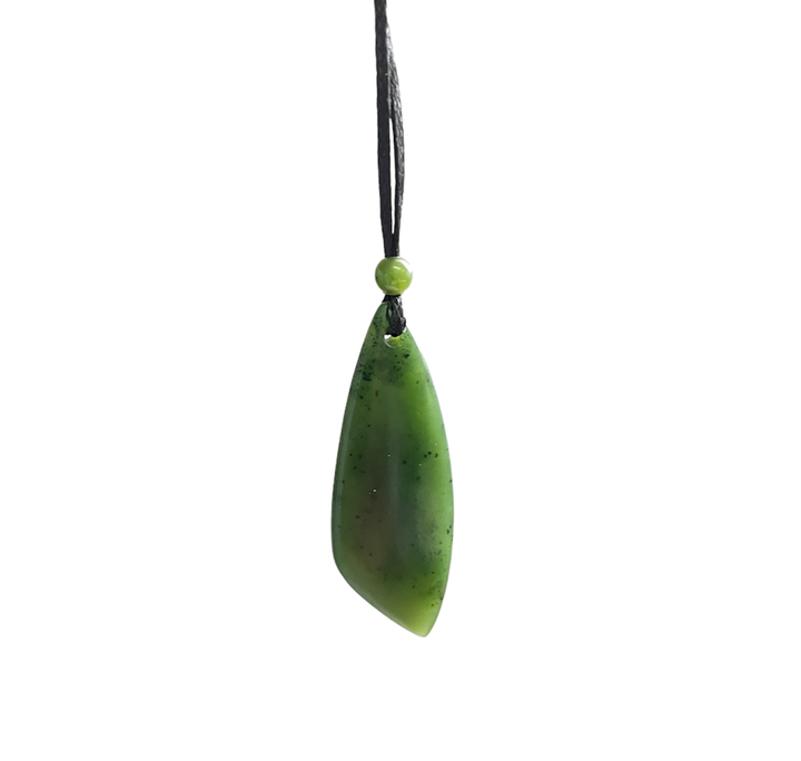 Green teardrop pendant on a black cord with a small round bead above it.
